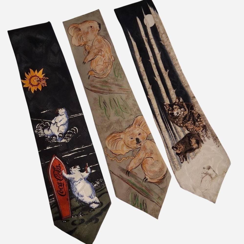 3 Vintage 90s ties with unique designs polar bears, koala bears and Wolves